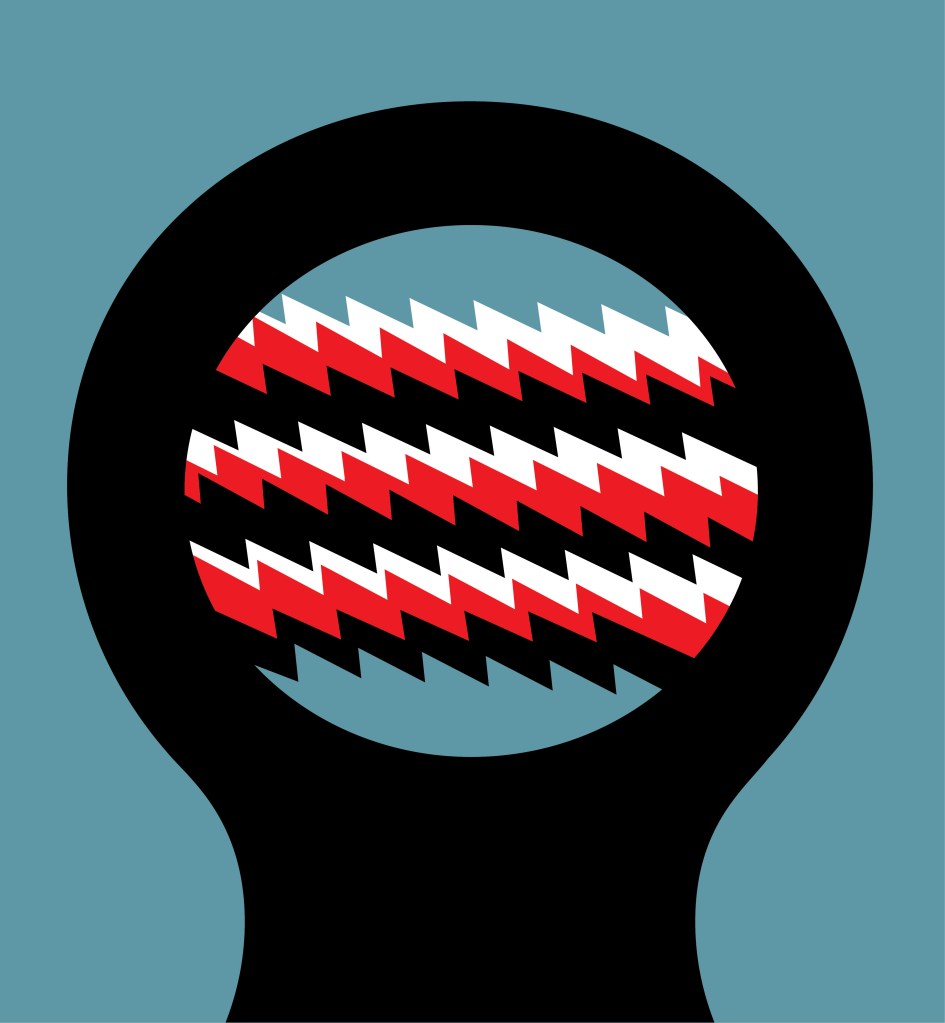 Stylized black silhouette resembling a head with a circular inner area filled with horizontal, offset zigzag patterns in red and white, against a dusty blue background