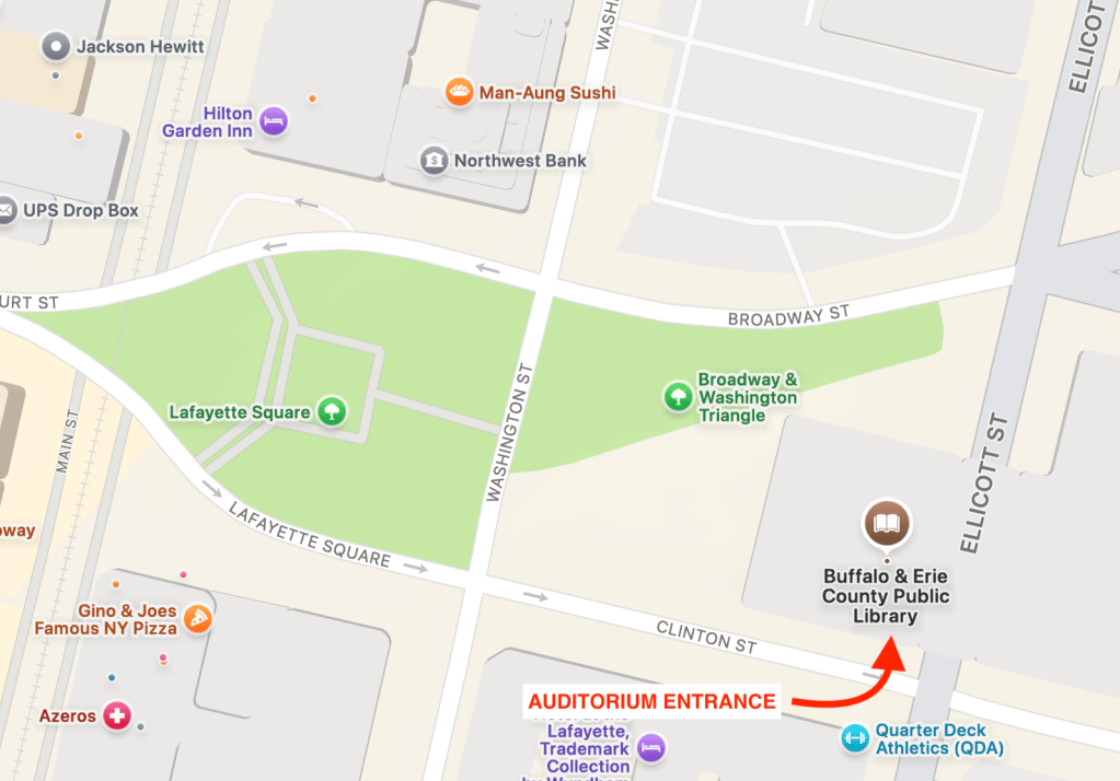Map image showing location of auditorium entrance at the Buffalo & Erie County Central Library
